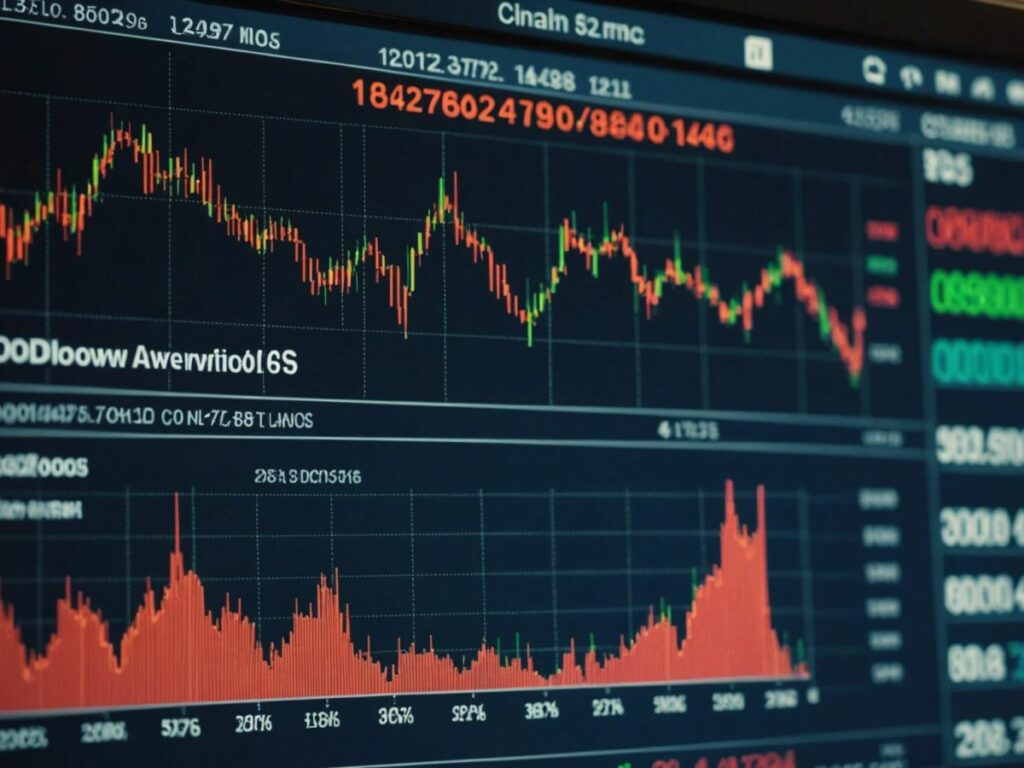 Graph of Dow Jones dropping 400 points with rising Treasury yields and a concerned investor.