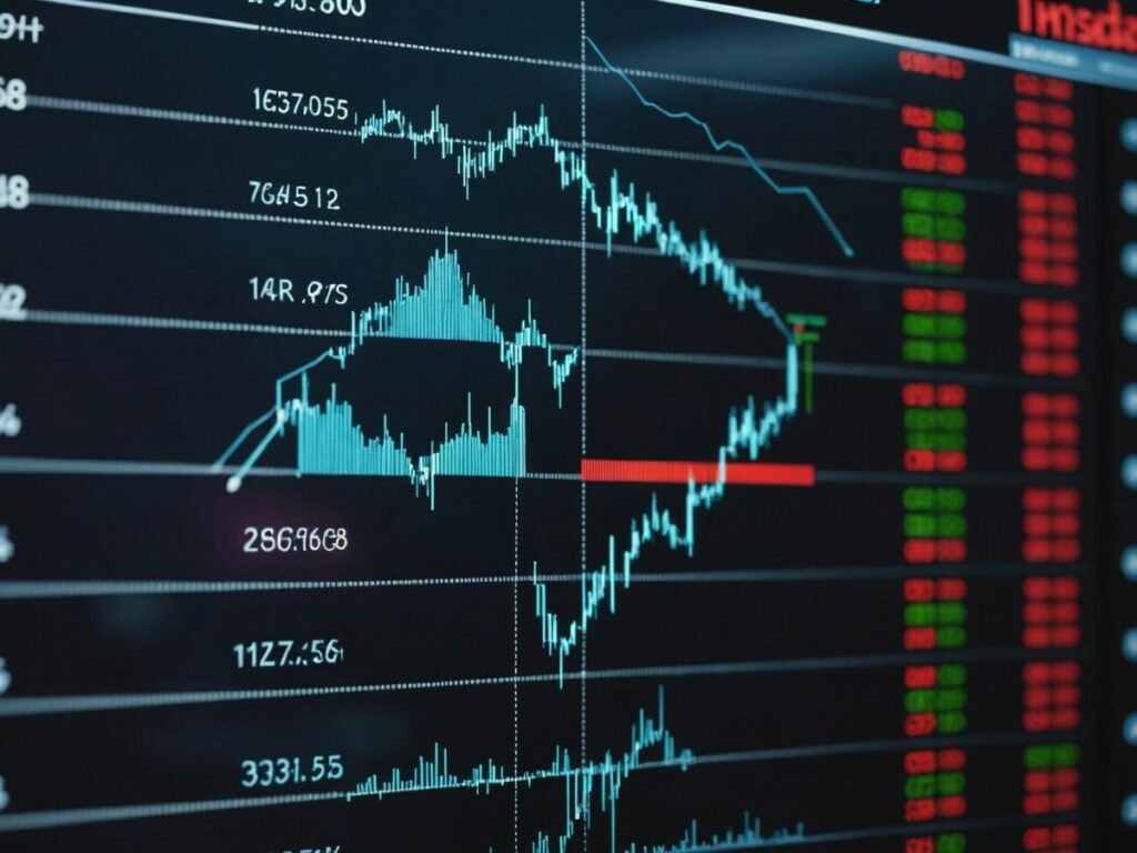 Stock market trends showing Dow, S&P 500, and Nasdaq movements with upward and downward arrows.