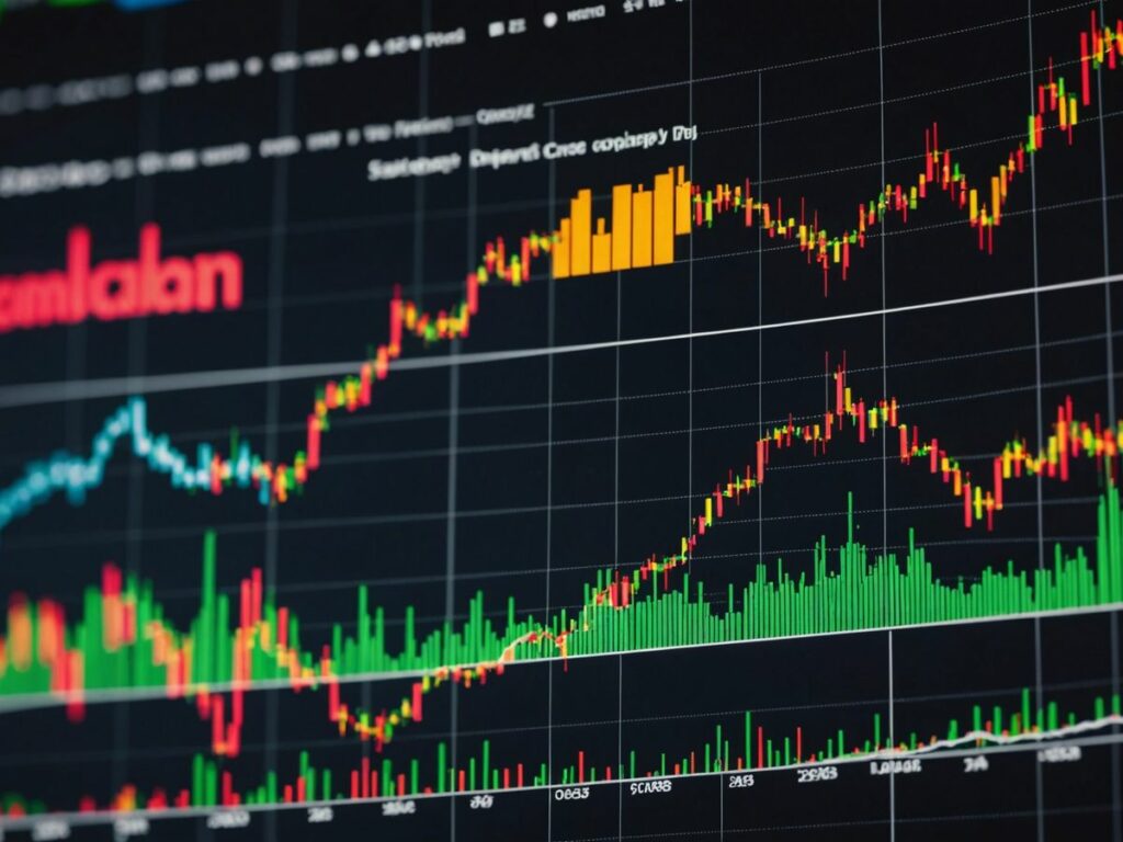 Stock market graph with tech logos showing S&P 500 and Nasdaq reaching record highs amid tech surge.