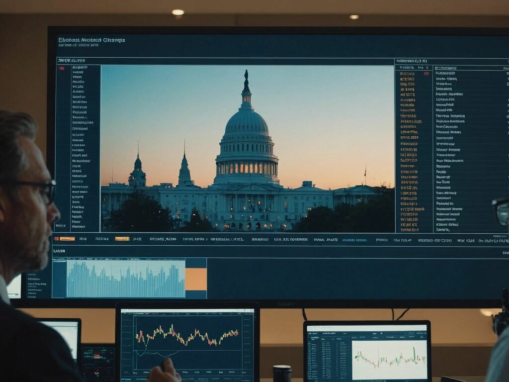 Investors study stock charts on a screen with a Capitol building silhouette, reflecting interest in lawmakers' trades.