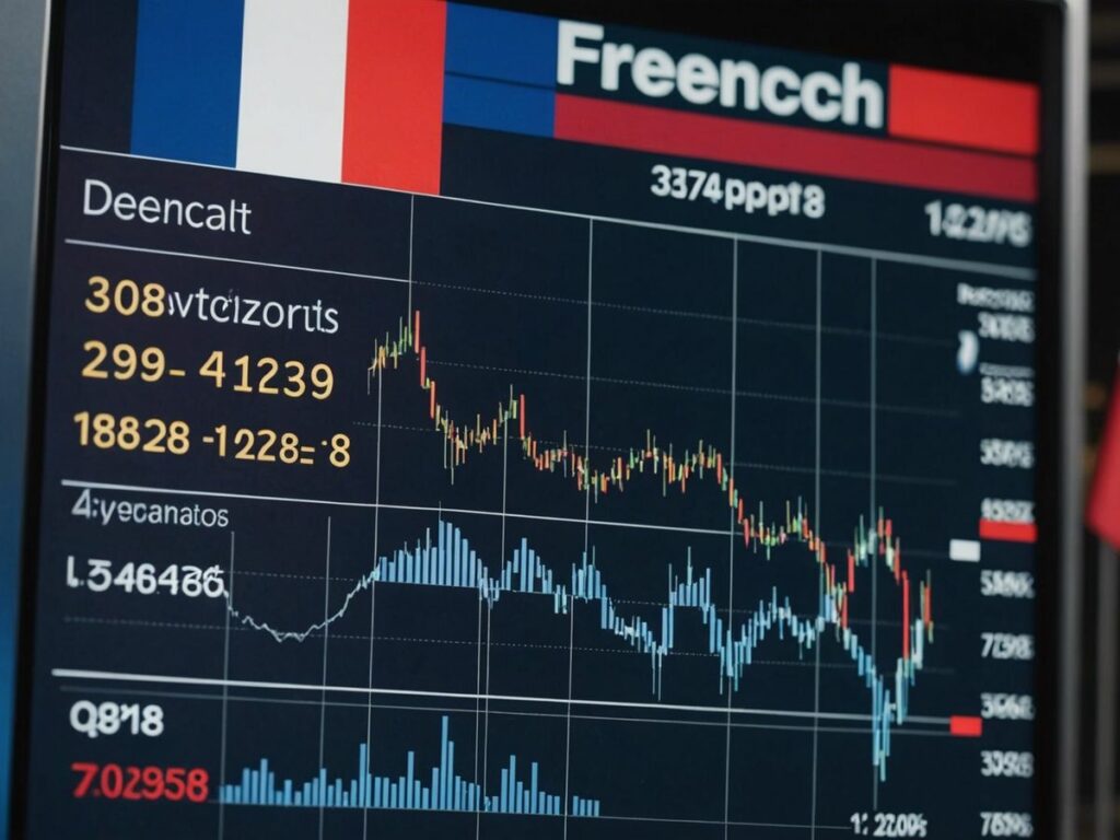 Graph depicting a sharp decline in the French stock market with French flag and political symbols in the background.