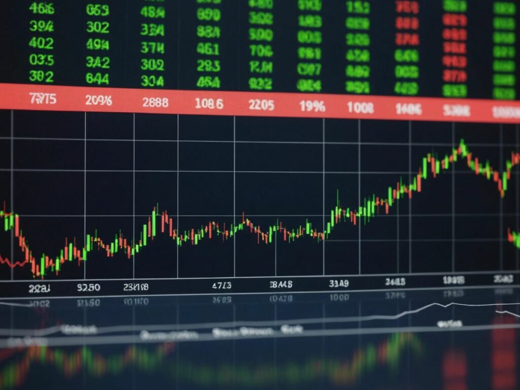 Graph showing stock market indices dipping and bond yields spiking after a hot jobs report.