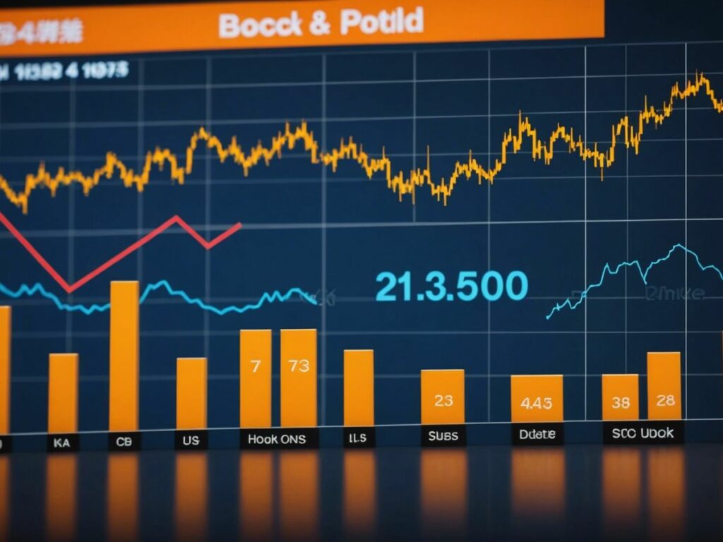 Stock market graph surges upward with BJP symbol and exit poll results indicating a likely victory.