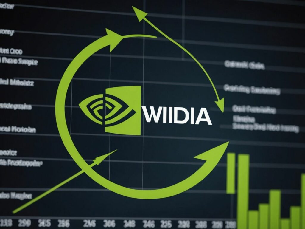 Nvidia logo and stock market graph with rising arrow