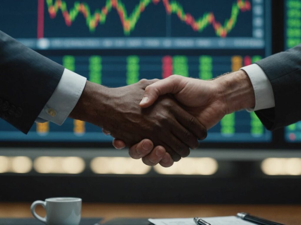 Senators shaking hands with stock market chart behind
