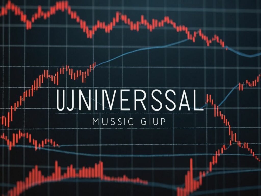 Universal Music Group logo and declining stock graph
