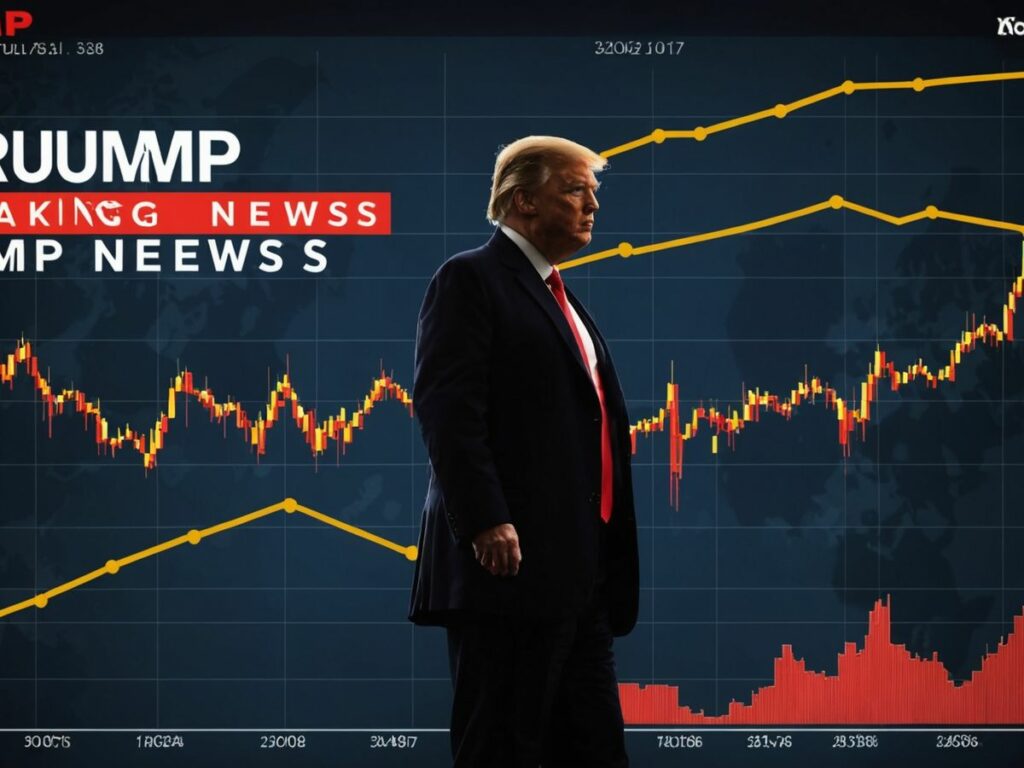 Stock market graph, Trump silhouette, breaking news banner