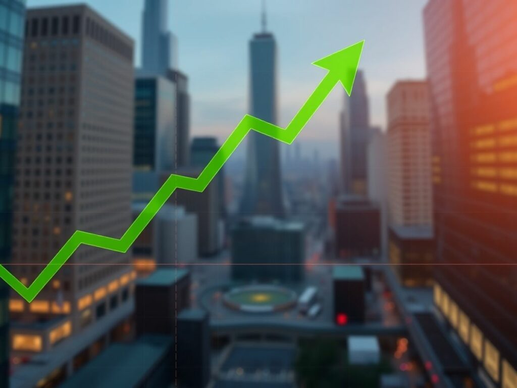 Stock market graph with upward trends and green arrows.