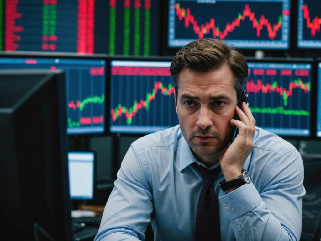 Worried trader with red stock charts