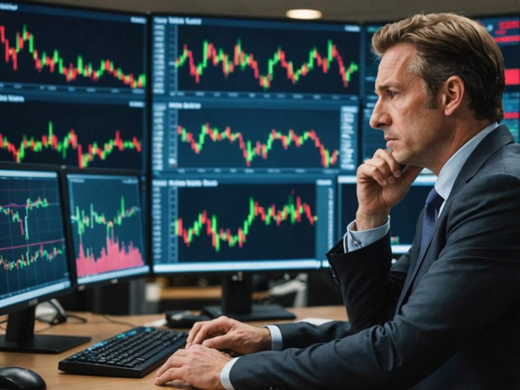 Businessman watching plummeting stock chart