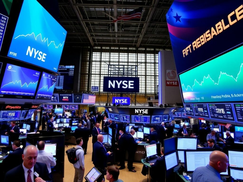 Stock exchange floor with traders and upward trends.