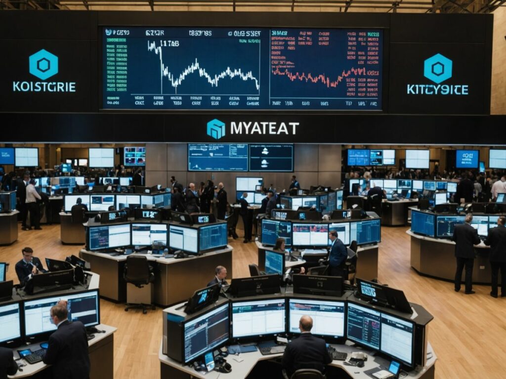 Traders on stock exchange floor with market data screens.