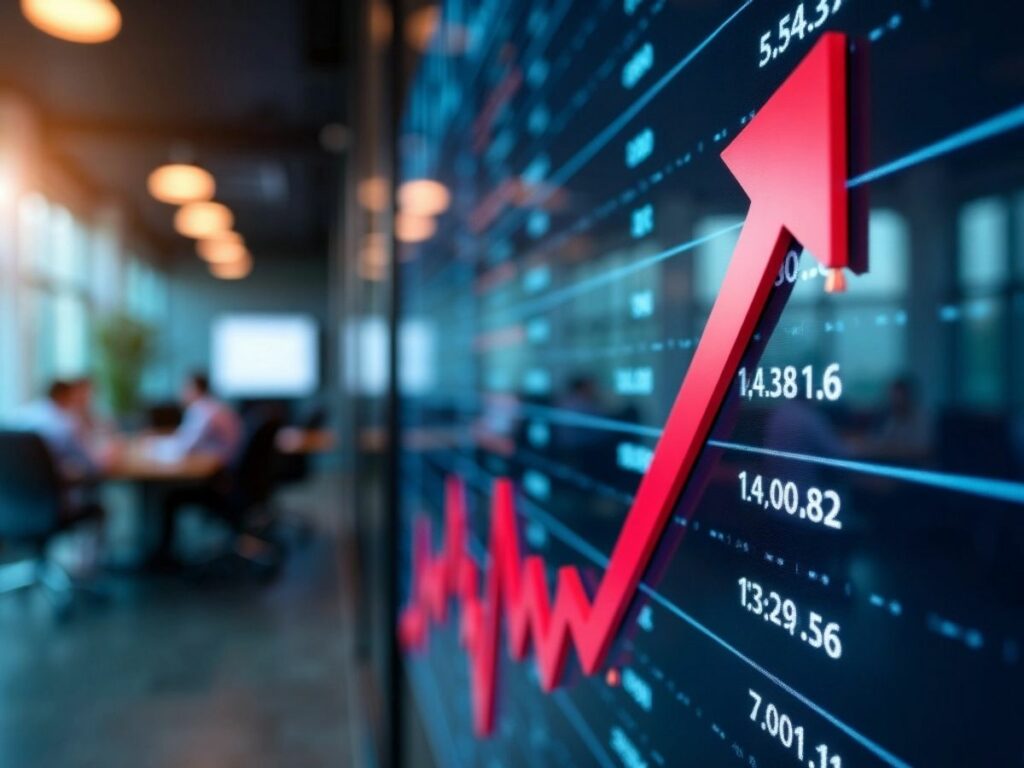 Downward arrow with stock market background in office.