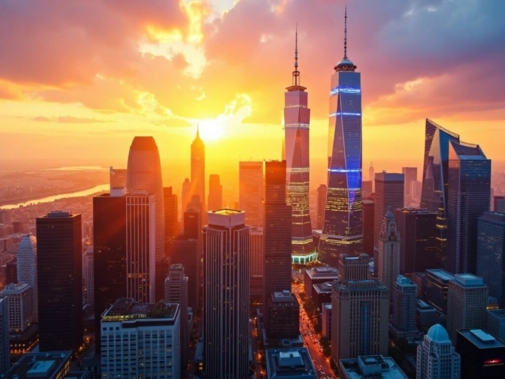 City skyline at sunset, reflecting economic growth and optimism.