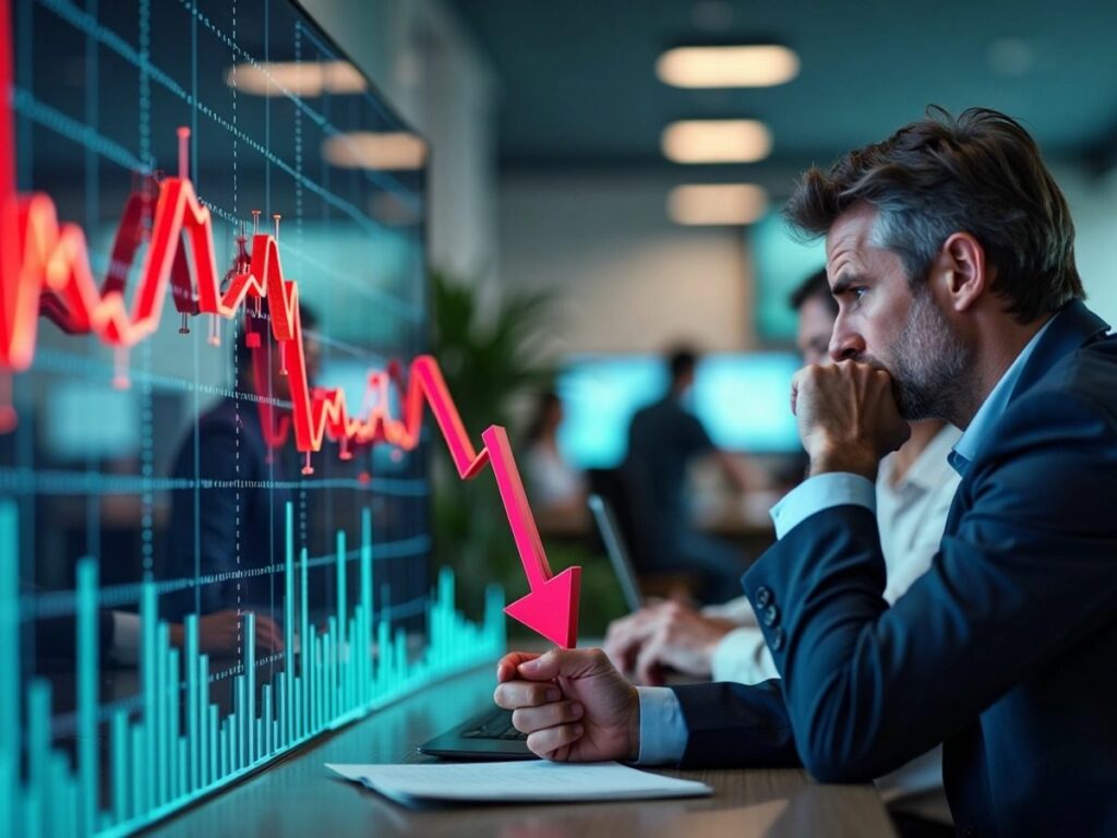 Stock market graph with downward trends.