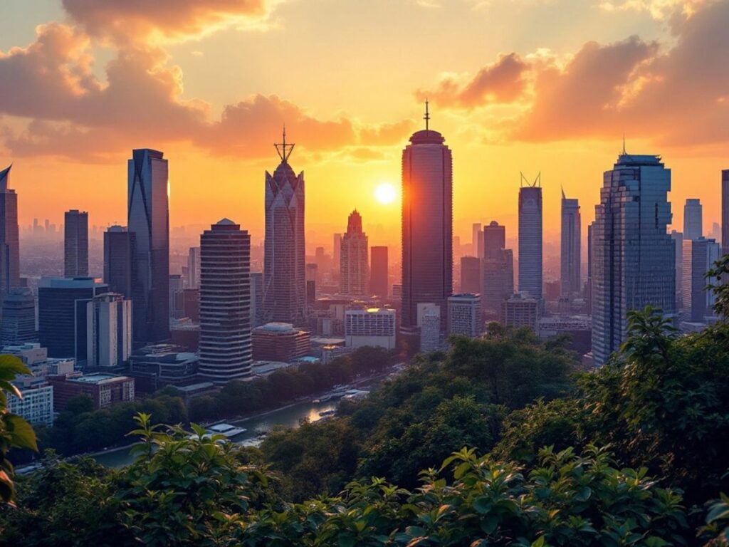 City skyline at sunset with financial district buildings.