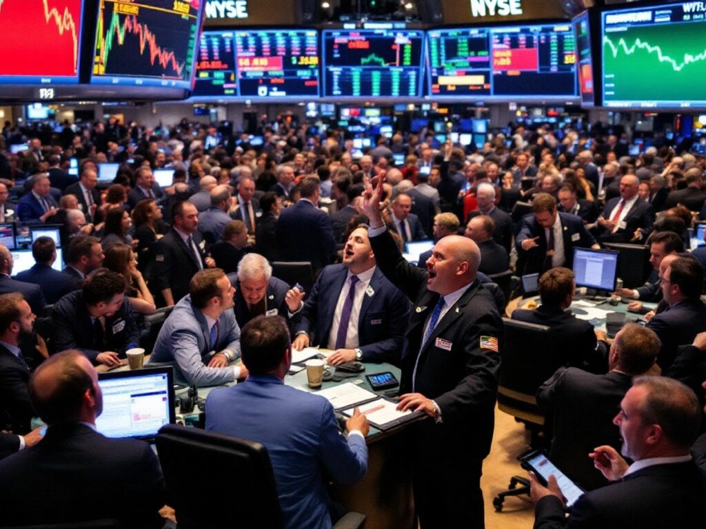 Traders celebrating on a busy stock exchange floor.