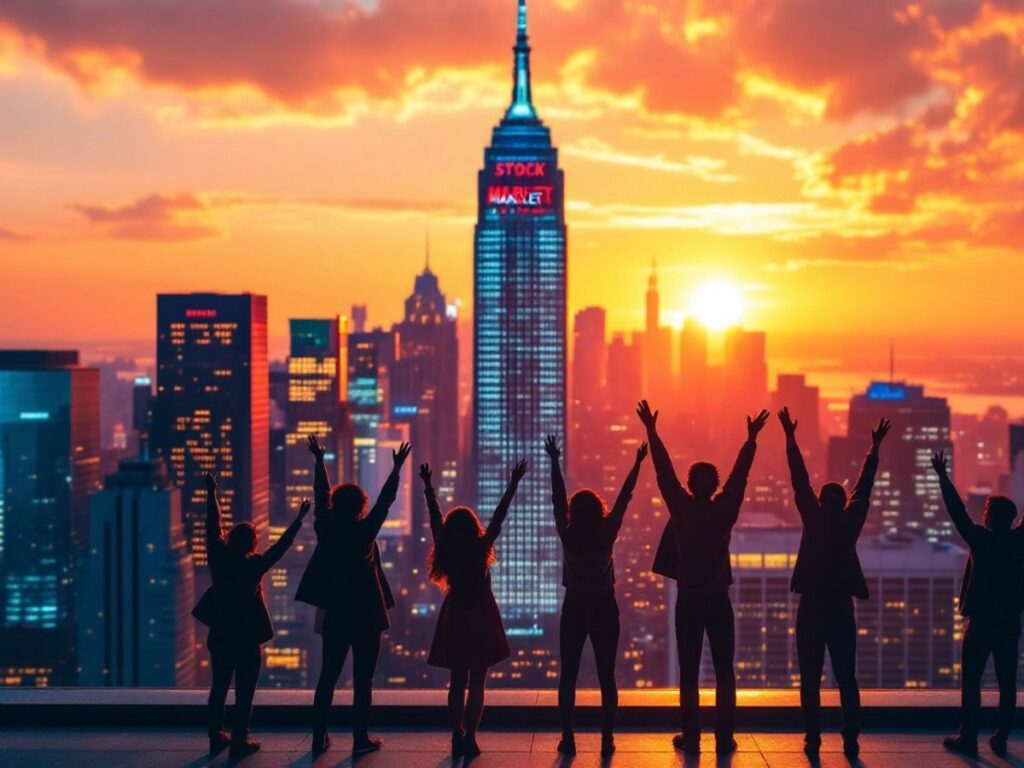 City skyline at sunset with celebrating professionals.