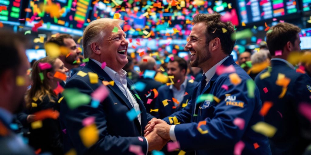 Traders celebrate with confetti after Trump election win.