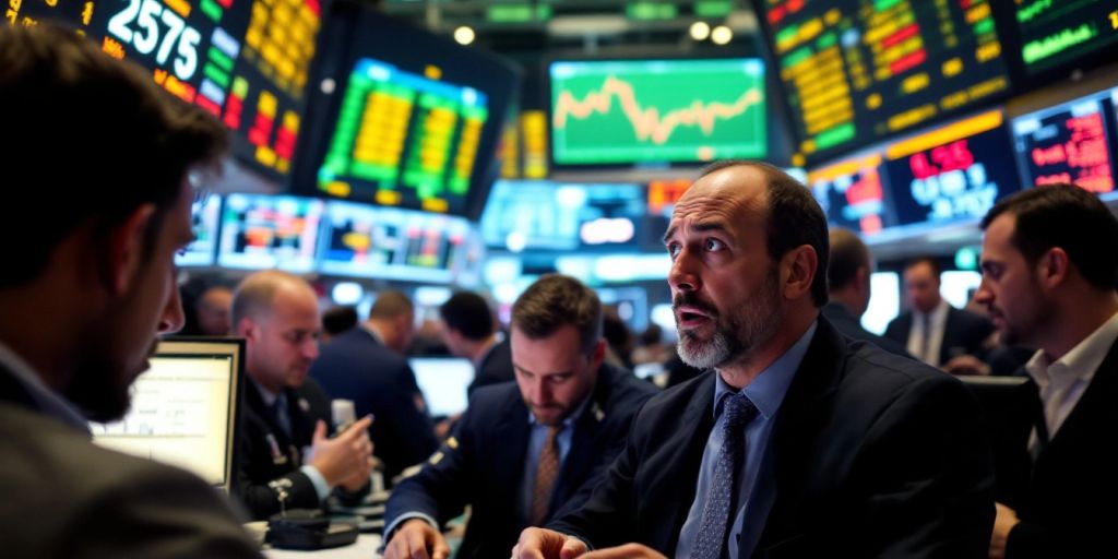 Traders on a busy stock exchange floor looking concerned.
