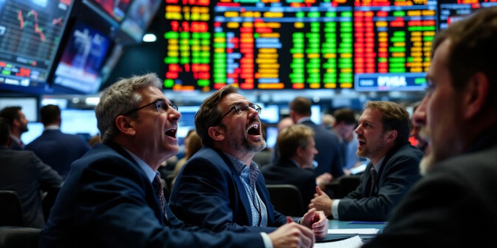 Traders discussing in a busy stock market environment.