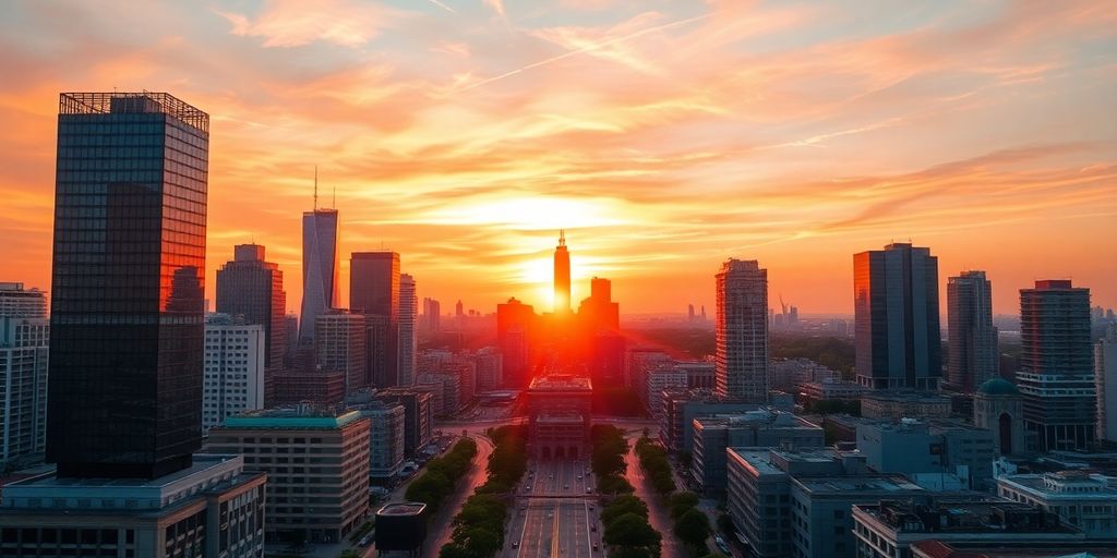 City skyline at sunset with vibrant colors.