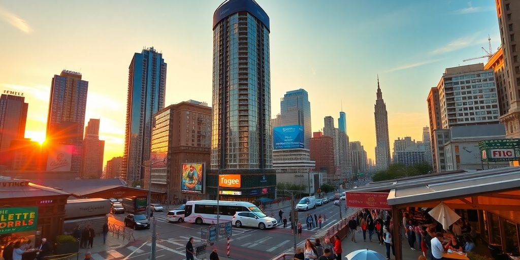 City skyline at sunset with bustling streets and energy.